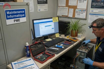 Maintenance informatique PME avec technicien vérifiant sécurité, sauvegardes et réseau d’entreprise.
