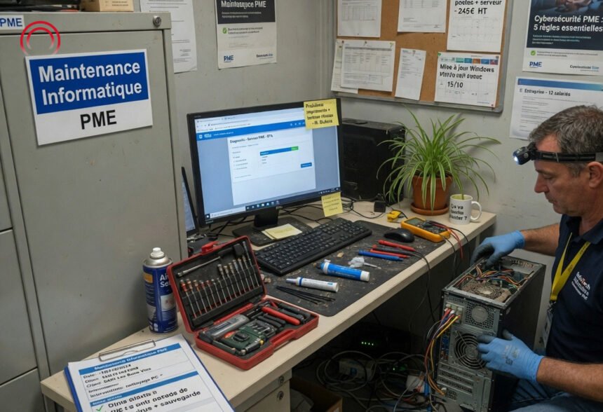 Maintenance informatique PME avec technicien vérifiant sécurité, sauvegardes et réseau d’entreprise.